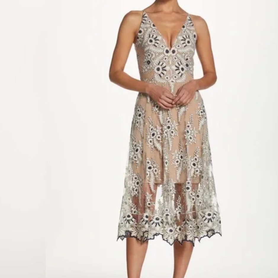 Dress The Population Nude Midi Dress With White Lace Embroidery